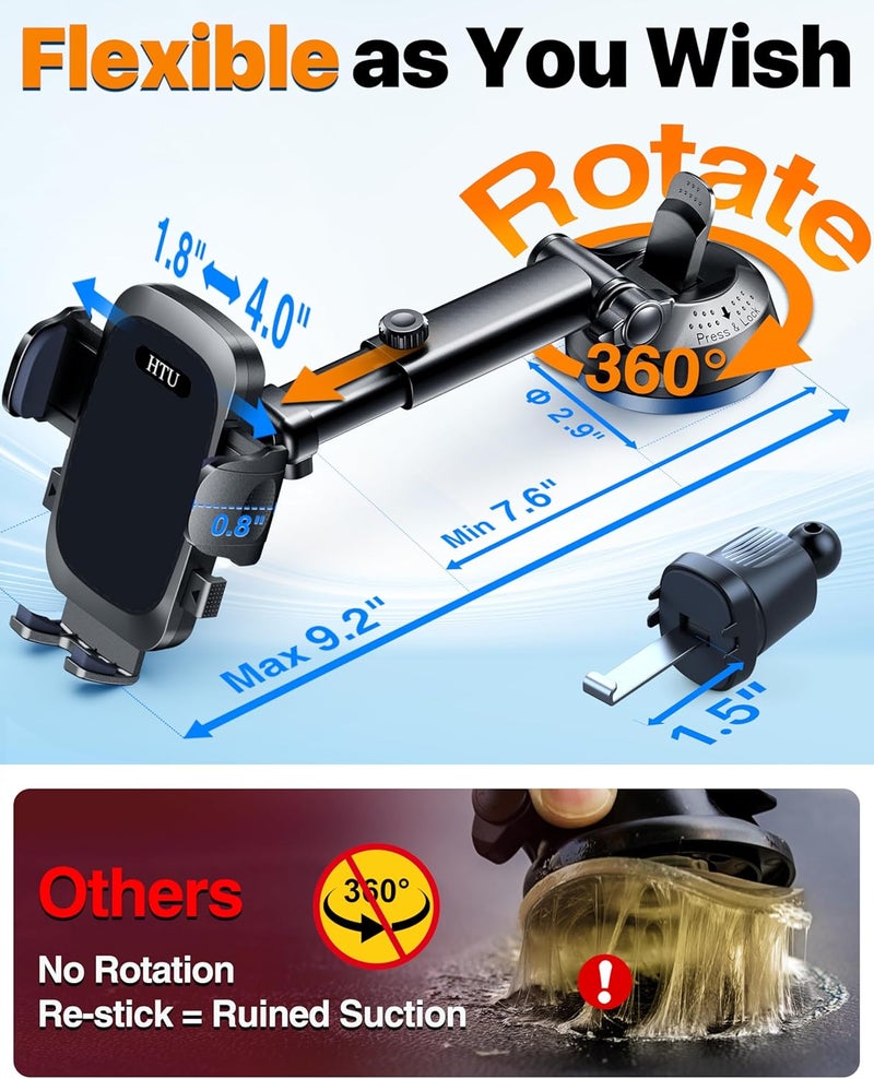 HTU 2026 Ultimate Best【True Military-Grade & Safety Cert】Car Phone Holder【Upgraded 5-in-1 & 100+LBS Strongest Suction】360 Rotation Truck Windshield Dashboard Vent Mount Stand for iPhone Android,Deep Black - Image 5